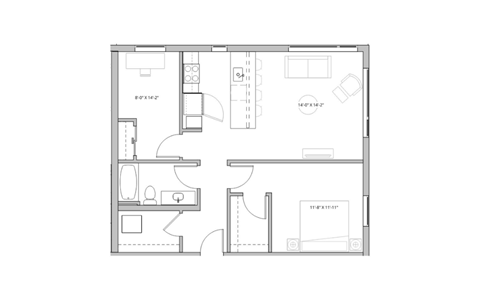 Floor plan for 2 beds, 1 bath, 910 sqft